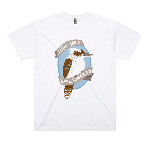 Crazy About Kookaburras Tee by Lonely Kids Club. All clothing from our T-shirts to our shorts and hoodies are ethically made, and printed packed and shipped from Sydney.