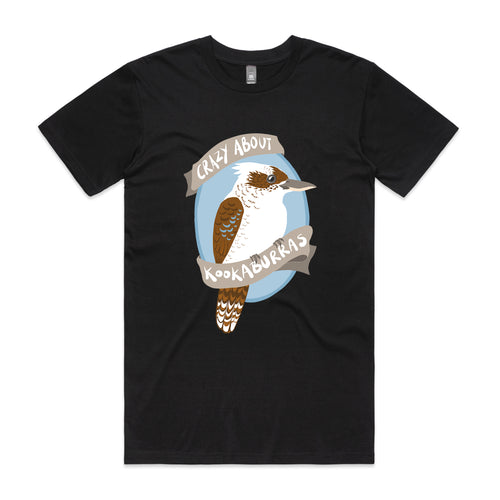 Crazy About Kookaburras Tee by Lonely Kids Club. All clothing from our T-shirts to our shorts and hoodies are ethically made, and printed packed and shipped from Sydney.
