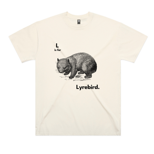L Is For Lyrebird Tee by Lonely Kids Club. All clothing from our T-shirts to our shorts and hoodies are ethically made, and printed packed and shipped from Sydney.