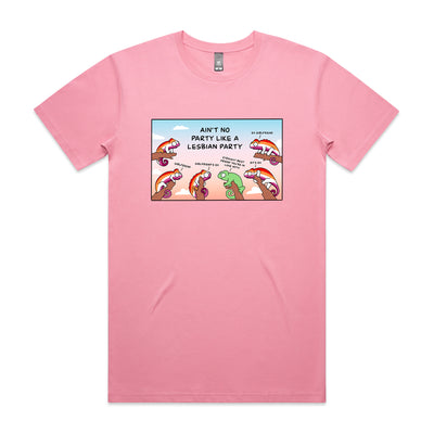 Lesbian Party Tee by Lonely Kids Club. All clothing from our T-shirts to our shorts and hoodies are ethically made, and printed packed and shipped from Sydney.