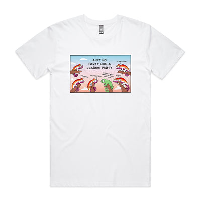Lesbian Party Tee by Lonely Kids Club. All clothing from our T-shirts to our shorts and hoodies are ethically made, and printed packed and shipped from Sydney.