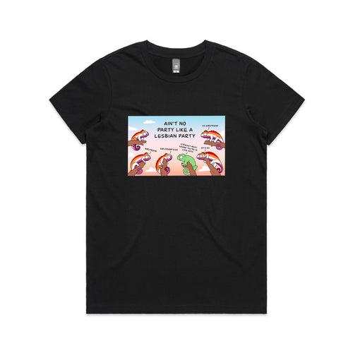 Lesbian Party Tee by Lonely Kids Club. All clothing from our T-shirts to our shorts and hoodies are ethically made, and printed packed and shipped from Sydney.