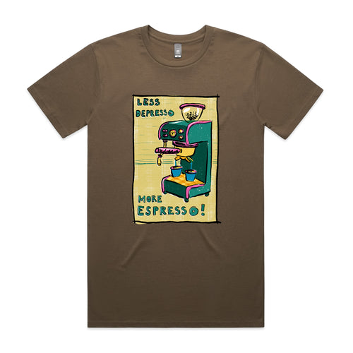 Less Depresso More Espresso Tee by Lonely Kids Club. All clothing from our T-shirts to our shorts and hoodies are ethically made, and printed packed and shipped from Sydney.