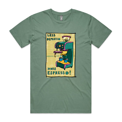 Less Depresso More Espresso Tee by Lonely Kids Club. All clothing from our T-shirts to our shorts and hoodies are ethically made, and printed packed and shipped from Sydney.