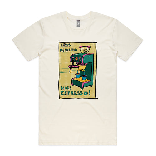 Less Depresso More Espresso Tee by Lonely Kids Club. All clothing from our T-shirts to our shorts and hoodies are ethically made, and printed packed and shipped from Sydney.