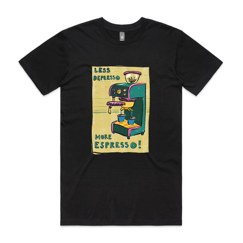 Less Depresso More Espresso Tee by Lonely Kids Club. All clothing from our T-shirts to our shorts and hoodies are ethically made, and printed packed and shipped from Sydney.