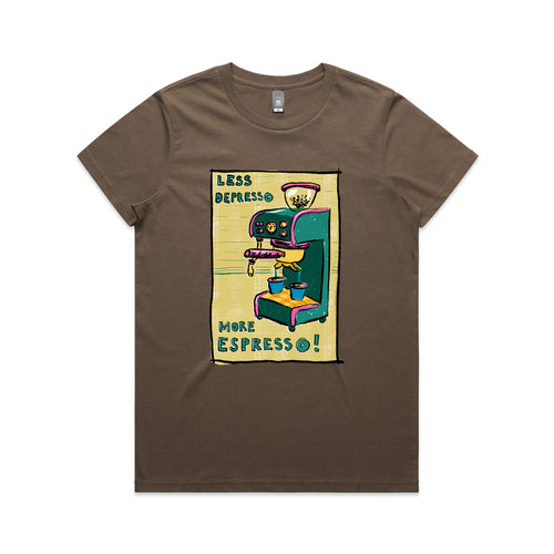 Less Depresso More Espresso Tee by Lonely Kids Club. All clothing from our T-shirts to our shorts and hoodies are ethically made, and printed packed and shipped from Sydney.