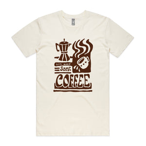 Ecru regular t-shirt with Let's Make Some Coffee design, artwork by Claire Harrison for Lonely Kids Club