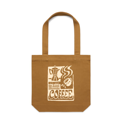 Let's Make Some Coffee Tote by Lonely Kids Club. All clothing from our T-shirts to our shorts and hoodies are ethically made, and printed packed and shipped from Sydney.