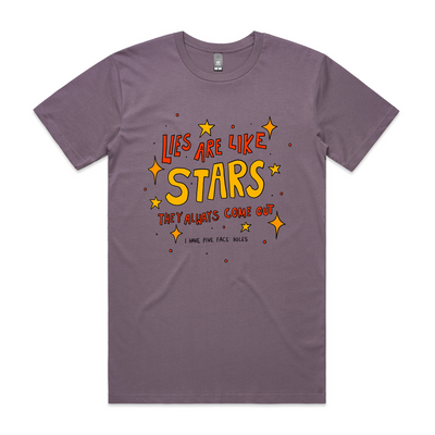 Lies Are Like Stars Tee by Lonely Kids Club. All clothing from our T-shirts to our shorts and hoodies are ethically made, and printed packed and shipped from Sydney.