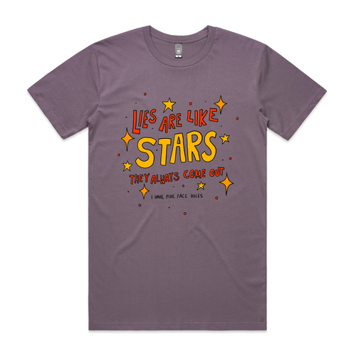 Lies Are Like Stars Tee by Lonely Kids Club. All clothing from our T-shirts to our shorts and hoodies are ethically made, and printed packed and shipped from Sydney.