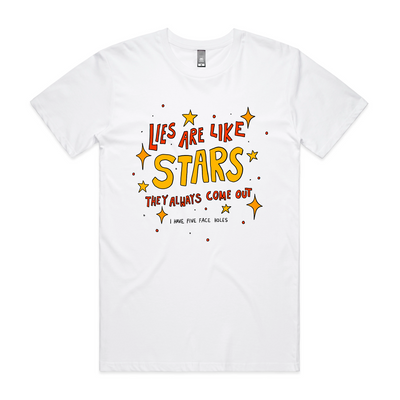 Lies Are Like Stars Tee by Lonely Kids Club. All clothing from our T-shirts to our shorts and hoodies are ethically made, and printed packed and shipped from Sydney.