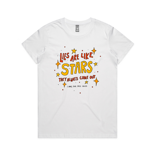 Lies Are Like Stars Tee by Lonely Kids Club. All clothing from our T-shirts to our shorts and hoodies are ethically made, and printed packed and shipped from Sydney.