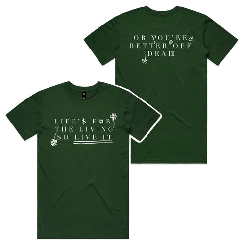 Life Is For The Living Tee by Lonely Kids Club. All clothing from our T-shirts to our shorts and hoodies are ethically made, and printed packed and shipped from Sydney.