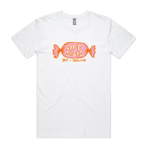 Life Sucks Tee by Lonely Kids Club. All clothing from our T-shirts to our shorts and hoodies are ethically made, and printed packed and shipped from Sydney.