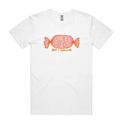 Life Sucks Tee by Lonely Kids Club. All clothing from our T-shirts to our shorts and hoodies are ethically made, and printed packed and shipped from Sydney.