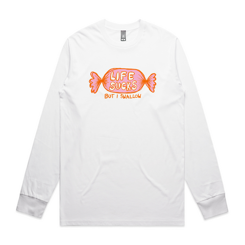 Life Sucks Tee by Lonely Kids Club. All clothing from our T-shirts to our shorts and hoodies are ethically made, and printed packed and shipped from Sydney.