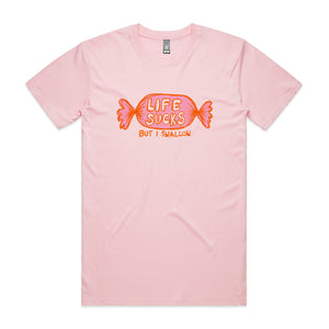Life Sucks Tee by Lonely Kids Club. All clothing from our T-shirts to our shorts and hoodies are ethically made, and printed packed and shipped from Sydney.