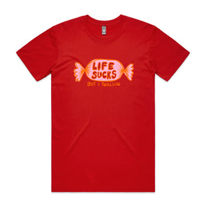 Life Sucks Tee by Lonely Kids Club. All clothing from our T-shirts to our shorts and hoodies are ethically made, and printed packed and shipped from Sydney.