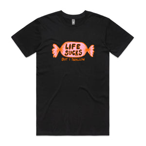 Life Sucks Tee by Lonely Kids Club. All clothing from our T-shirts to our shorts and hoodies are ethically made, and printed packed and shipped from Sydney.