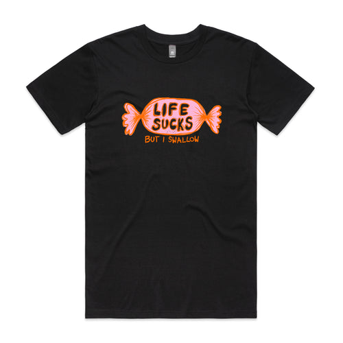 Life Sucks Tee by Lonely Kids Club. All clothing from our T-shirts to our shorts and hoodies are ethically made, and printed packed and shipped from Sydney.