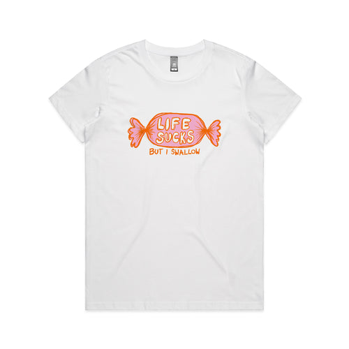 Life Sucks Tee by Lonely Kids Club. All clothing from our T-shirts to our shorts and hoodies are ethically made, and printed packed and shipped from Sydney.