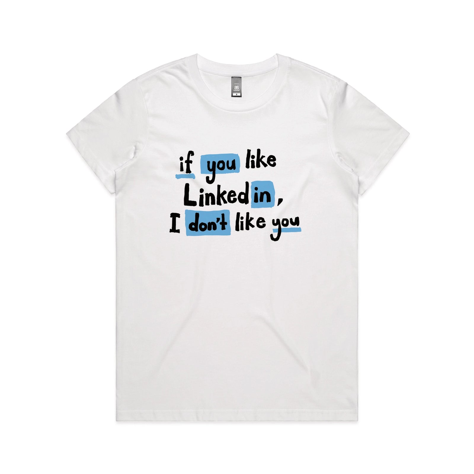 White fitted womens t-shirt with LinkedIn graphic by Lonely Kids Club
