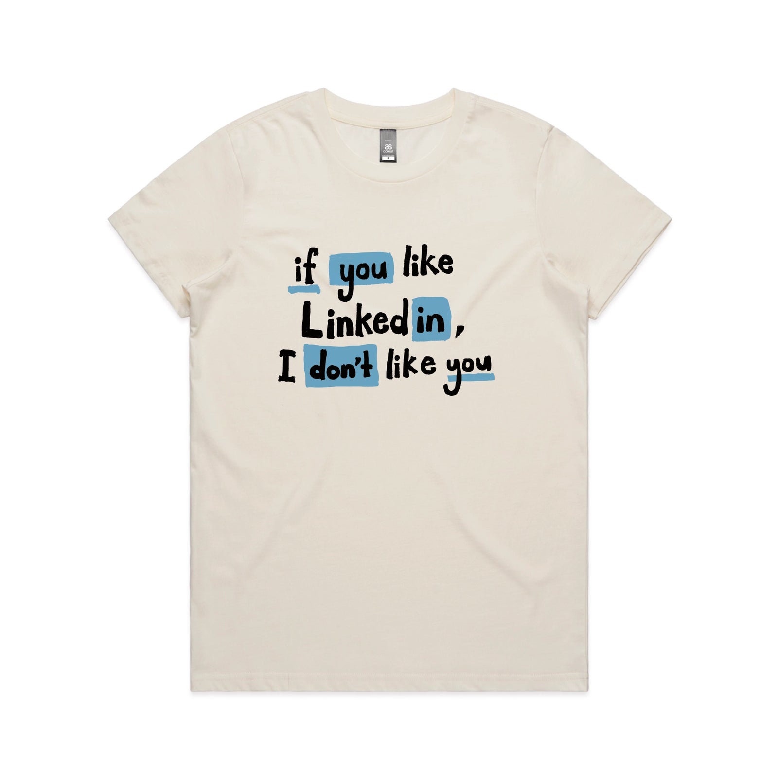 Ecru fitted womens t-shirt with LinkedIn graphic by Lonely Kids Club