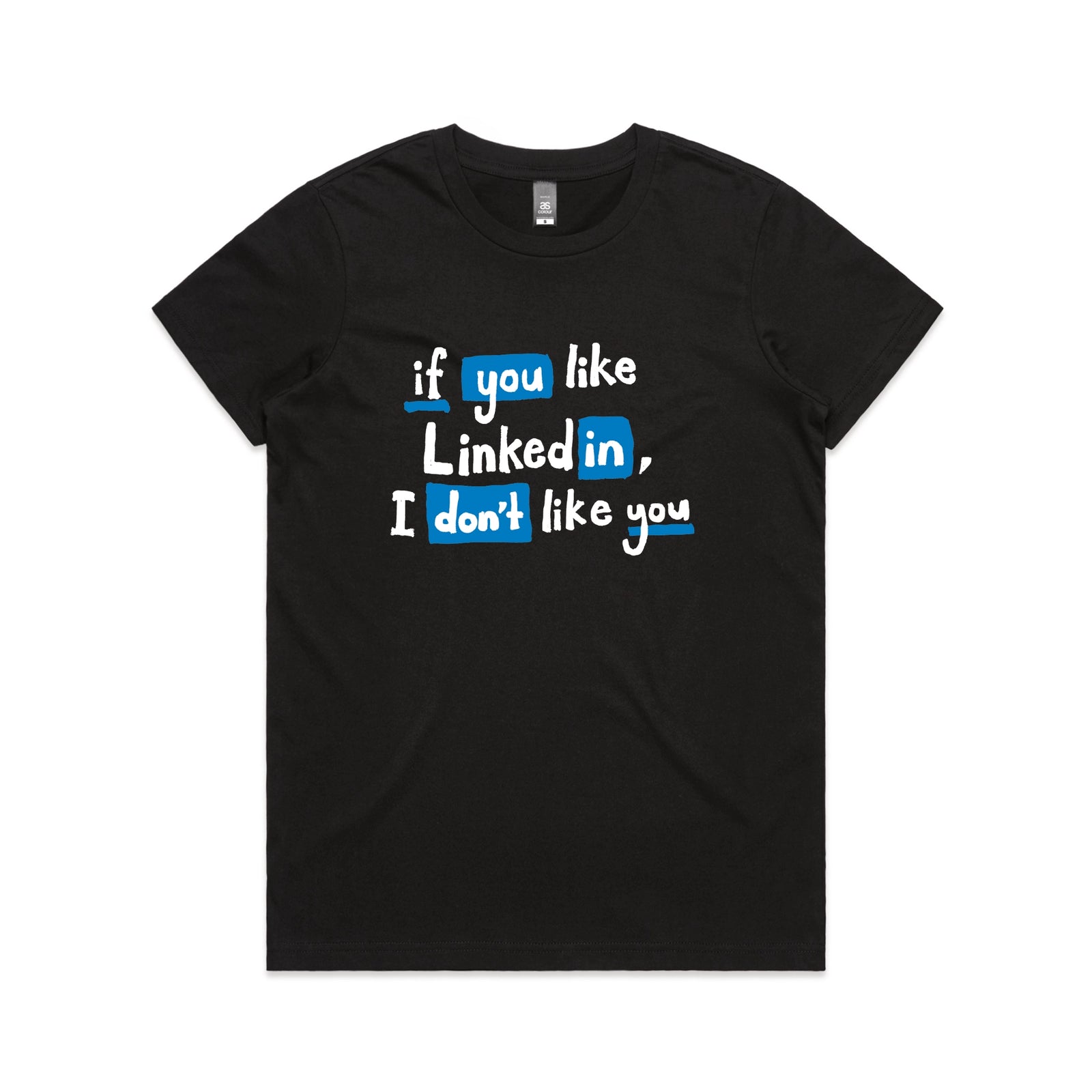 Black fitted womens t-shirt with LinkedIn graphic by Lonely Kids Club