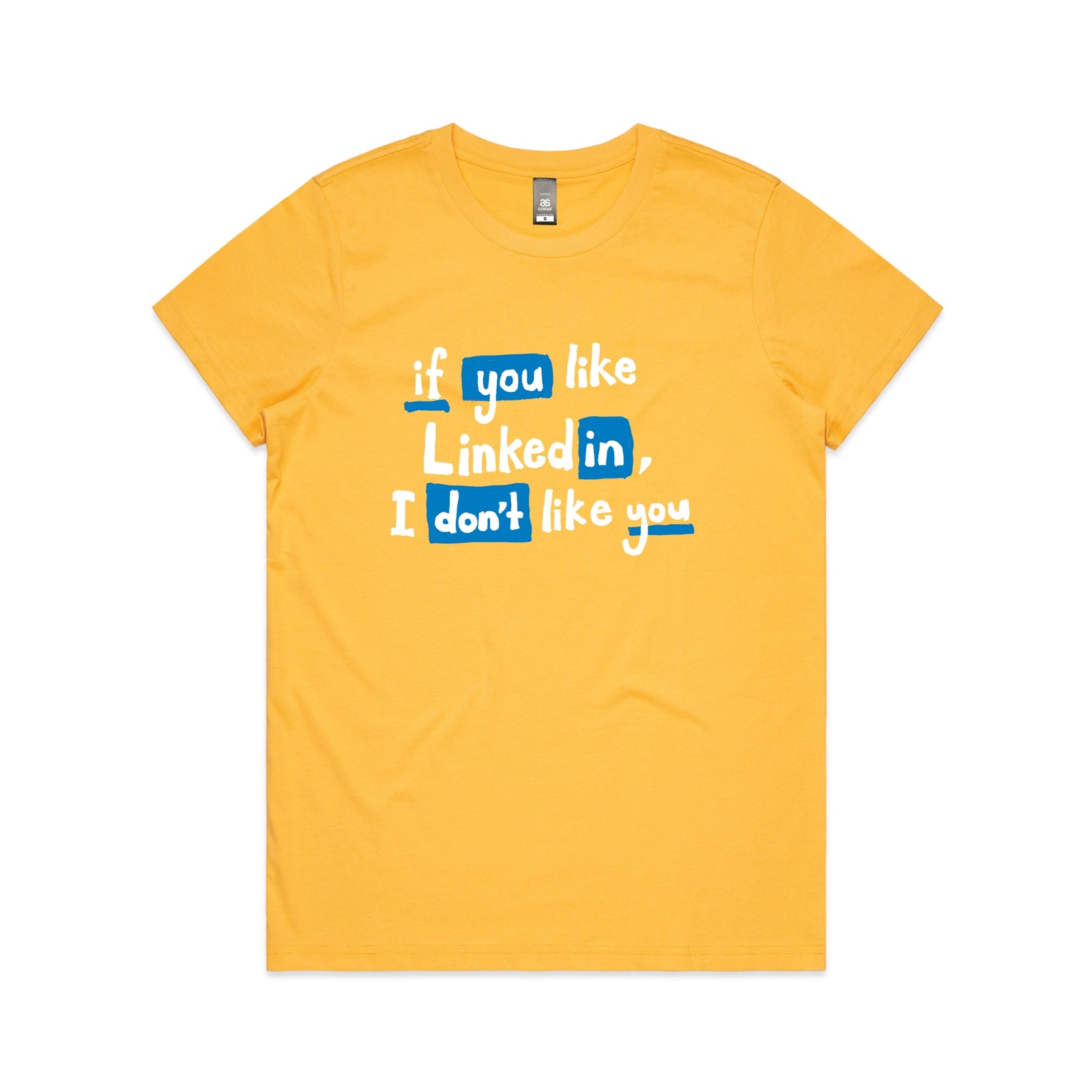 Yellow fitted womens t-shirt with LinkedIn graphic by Lonely Kids Club