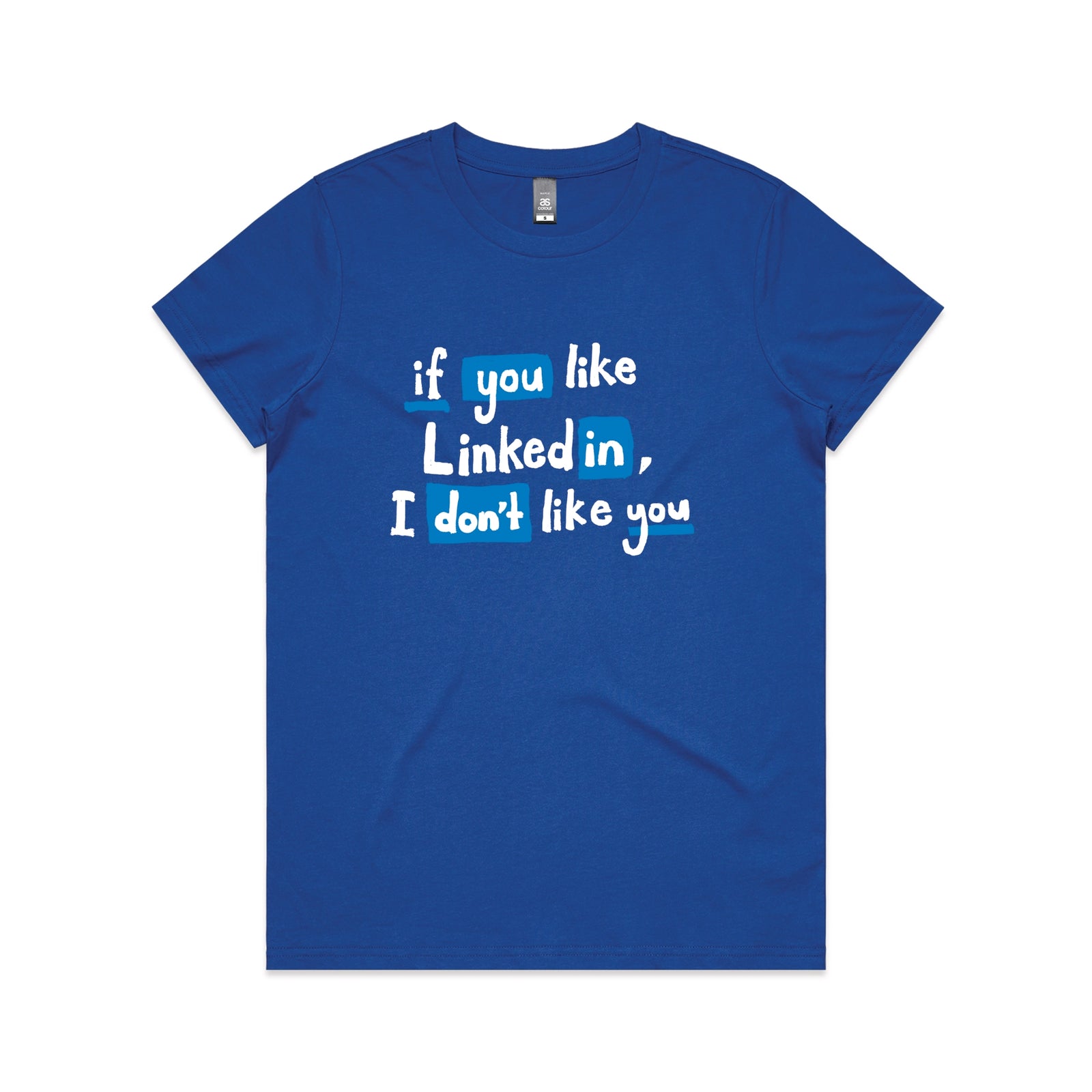 Royal Blue fitted womens t-shirt with LinkedIn graphic by Lonely Kids Club