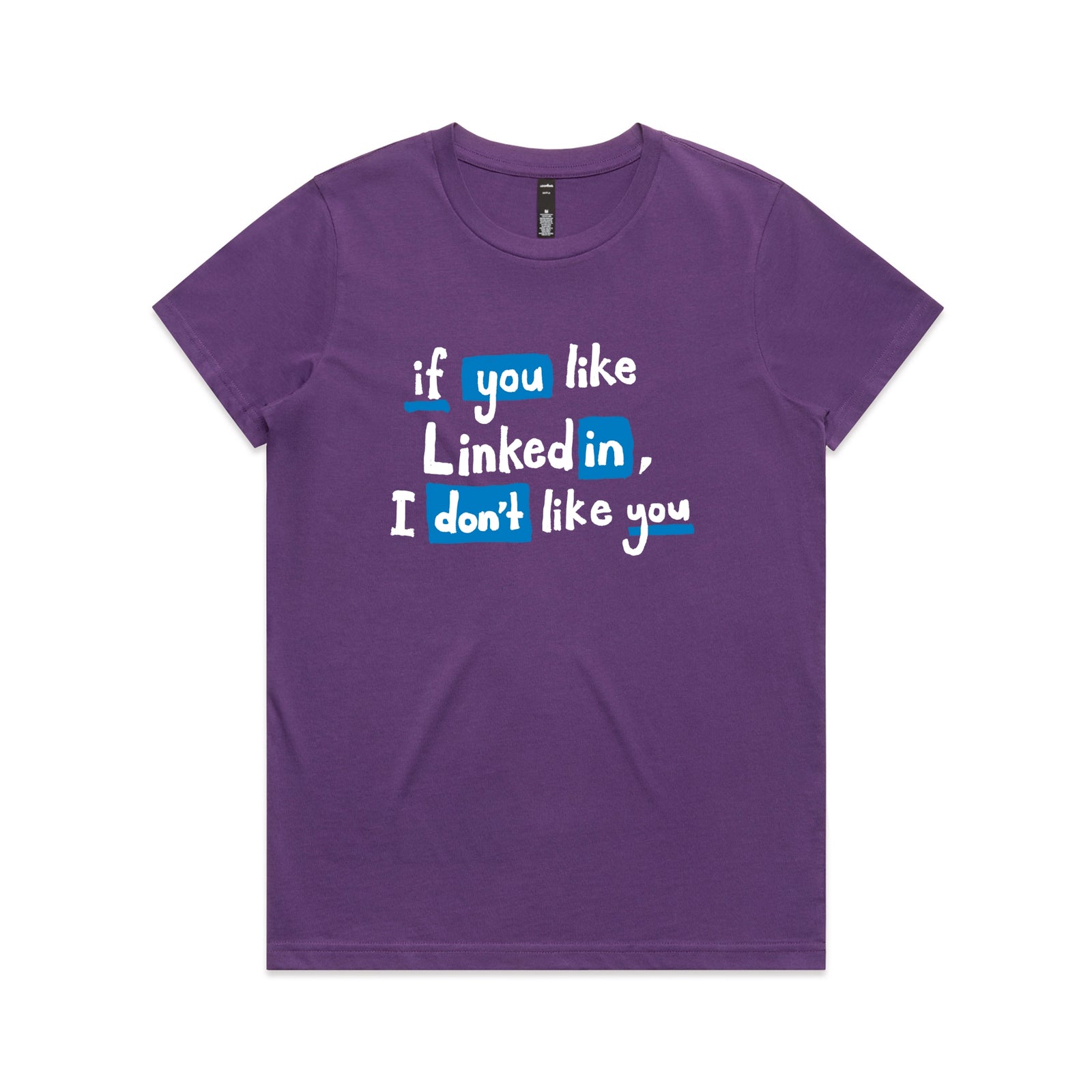 Purple fitted womens t-shirt with LinkedIn graphic by Lonely Kids Club
