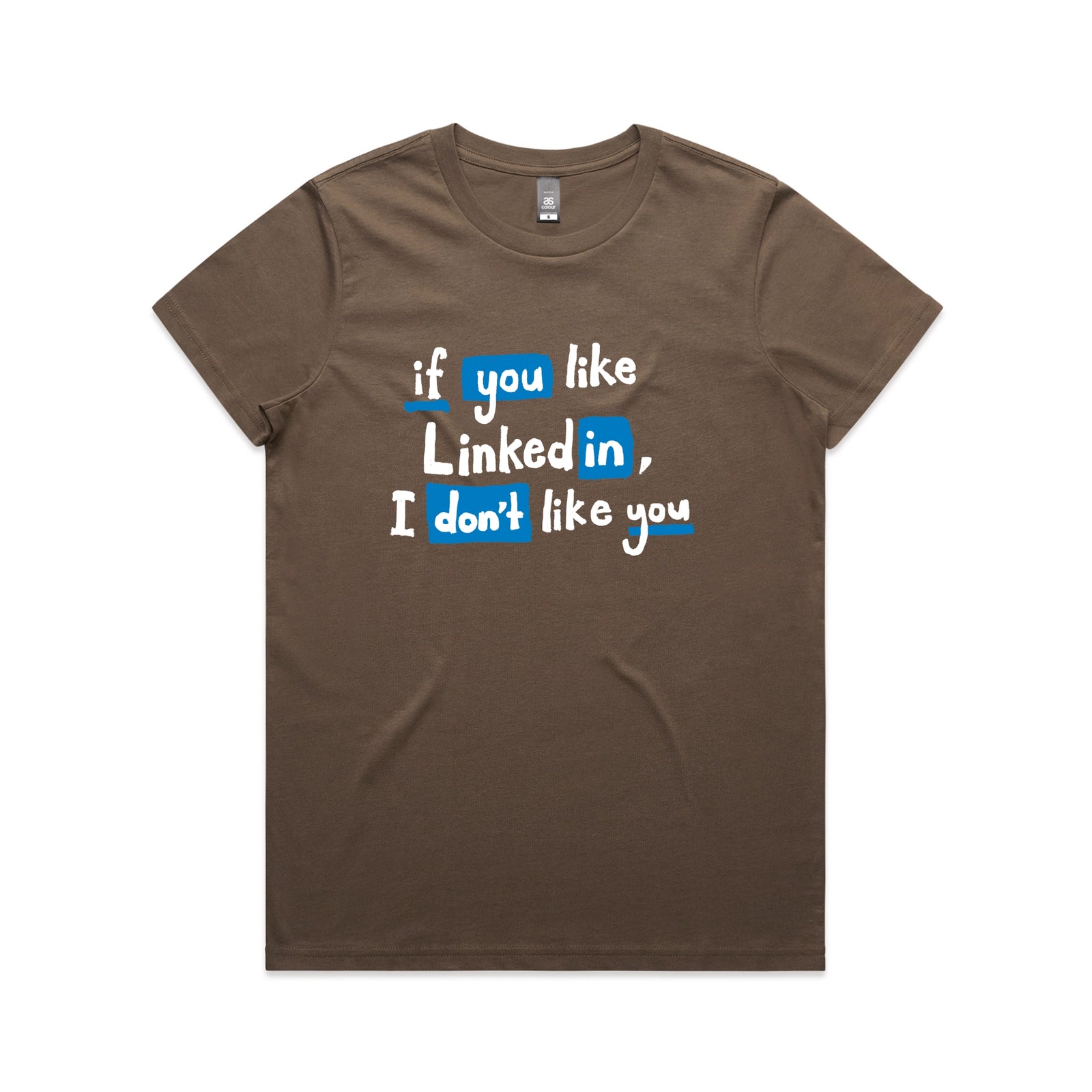 Walnut fitted womens t-shirt with LinkedIn graphic by Lonely Kids Club