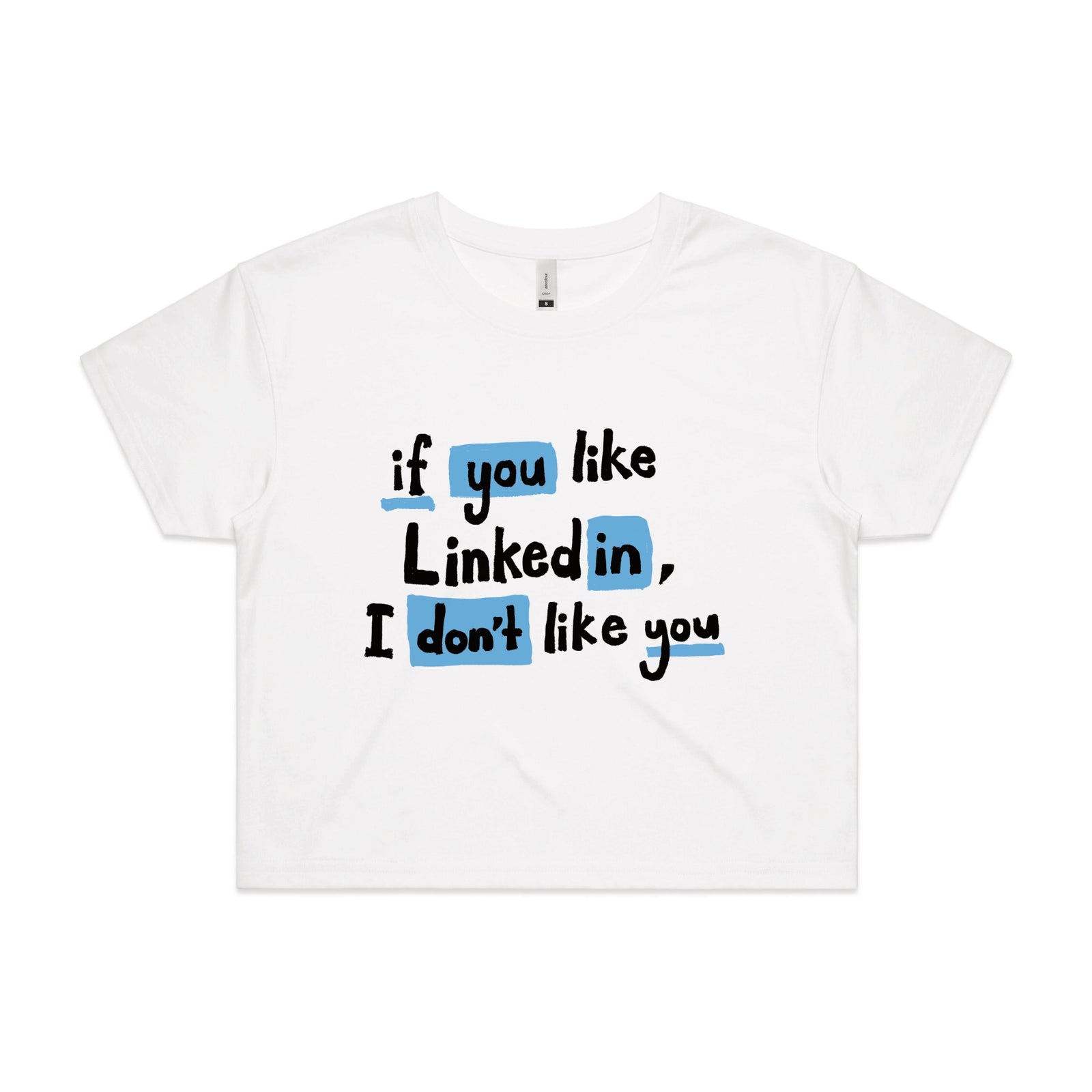 White crop top with LinkedIn graphic by Lonely Kids Club