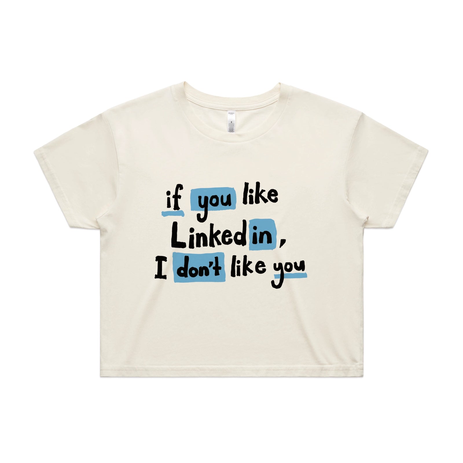 Ecru crop top with LinkedIn graphic by Lonely Kids Club