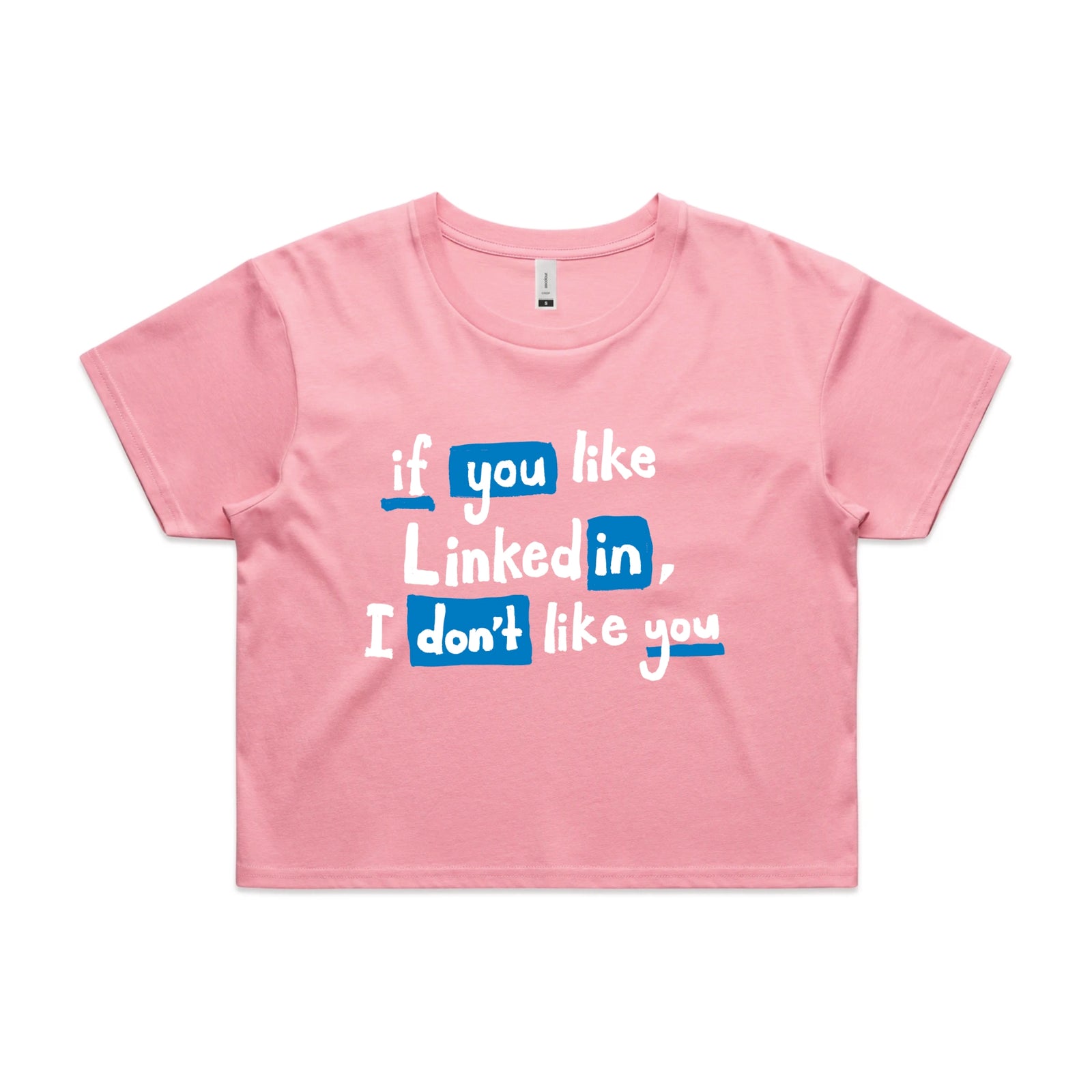 Bubblegum crop top with LinkedIn graphic by Lonely Kids Club