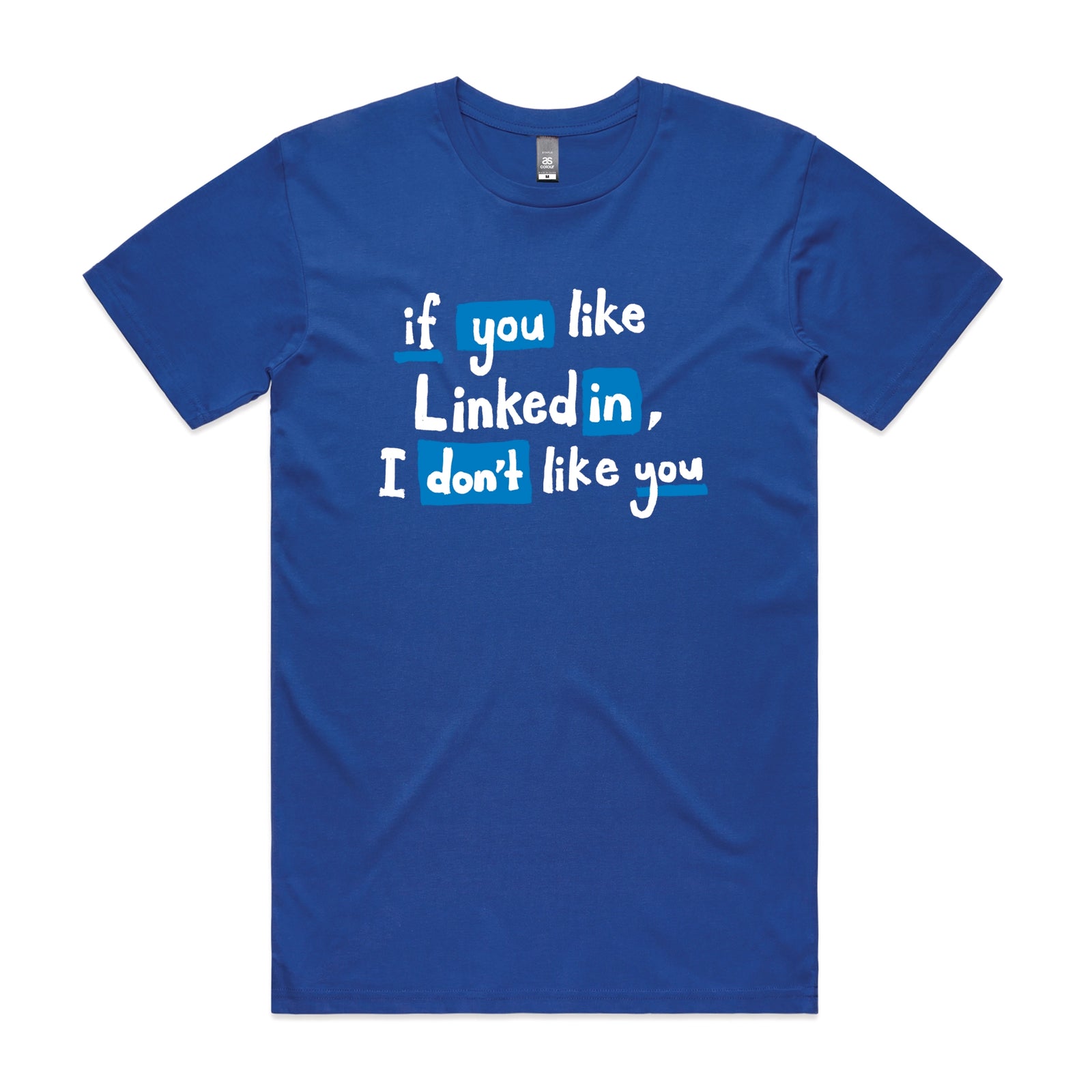 Royal Blue unisex t-shirt with LinkedIn graphic by Lonely Kids Club