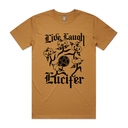 Live Laugh Lucifer Tee by Lonely Kids Club. All clothing from our T-shirts to our shorts and hoodies are ethically made, and printed packed and shipped from Sydney.