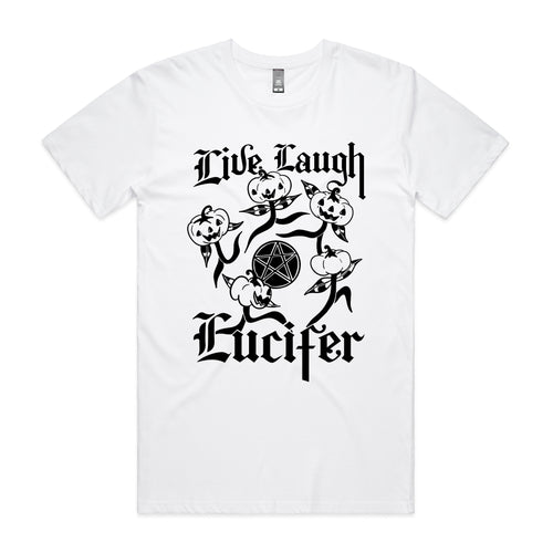 Live Laugh Lucifer Tee by Lonely Kids Club. All clothing from our T-shirts to our shorts and hoodies are ethically made, and printed packed and shipped from Sydney.