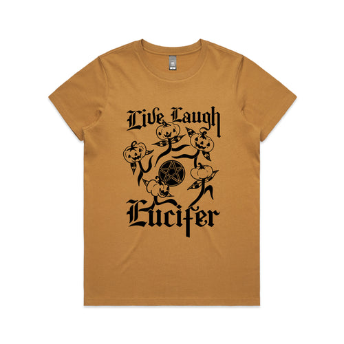 Live Laugh Lucifer Tee by Lonely Kids Club. All clothing from our T-shirts to our shorts and hoodies are ethically made, and printed packed and shipped from Sydney.