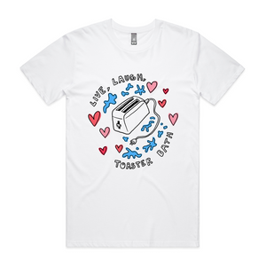 Live, Laugh, Toaster Bath Tee by Lonely Kids Club. All clothing from our T-shirts to our shorts and hoodies are ethically made, and printed packed and shipped from Sydney.