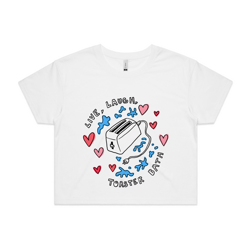 Live, Laugh, Toaster Bath Tee by Lonely Kids Club. All clothing from our T-shirts to our shorts and hoodies are ethically made, and printed packed and shipped from Sydney.