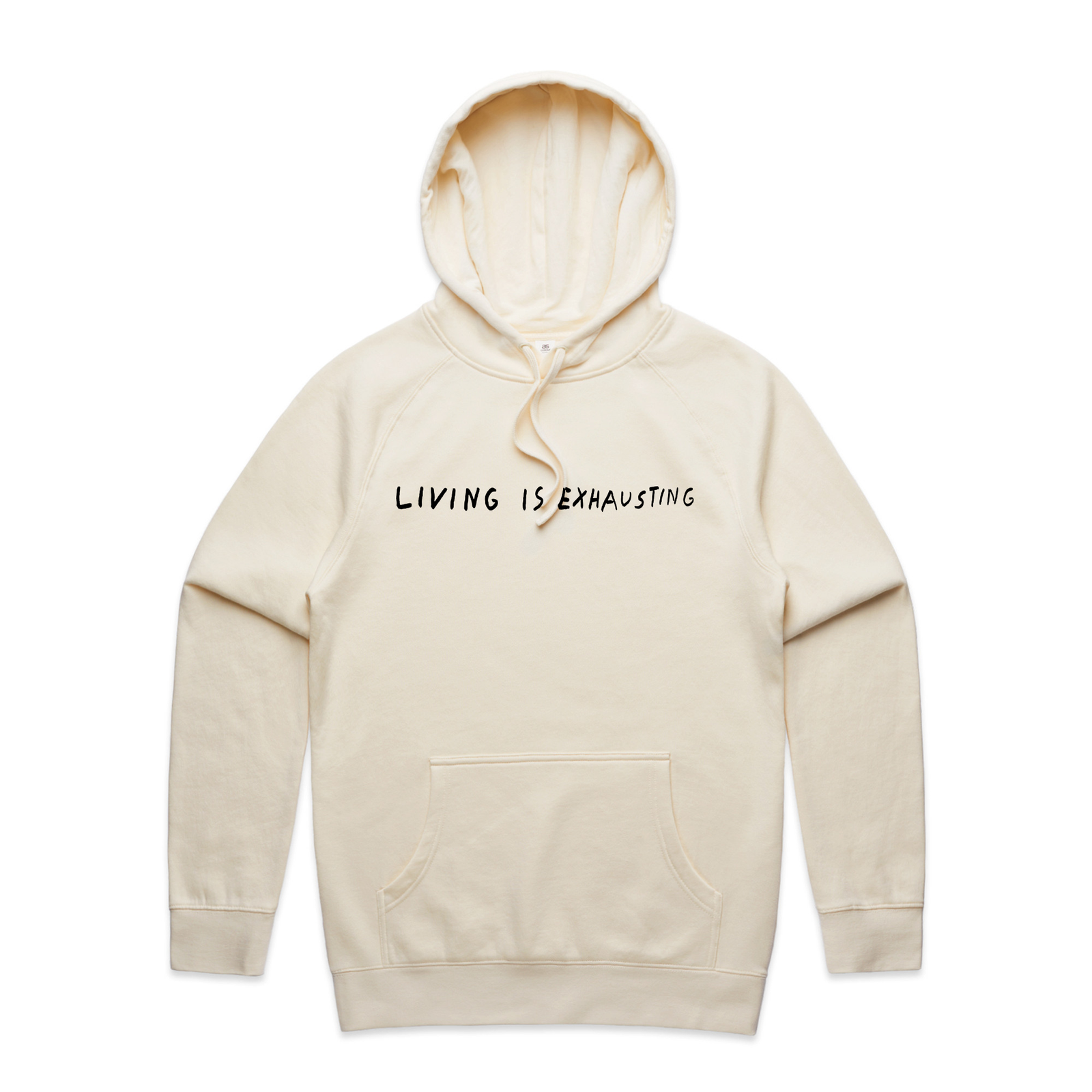 Living Is Exhausting Hoodie by Lonely Kids Club. All clothing from our T-shirts to our shorts and hoodies are ethically made, and printed packed and shipped from Sydney.