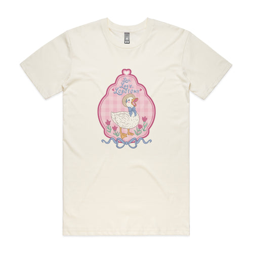 Lobotomy Duck Tee by Lonely Kids Club. All clothing from our T-shirts to our shorts and hoodies are ethically made, and printed packed and shipped from Sydney.