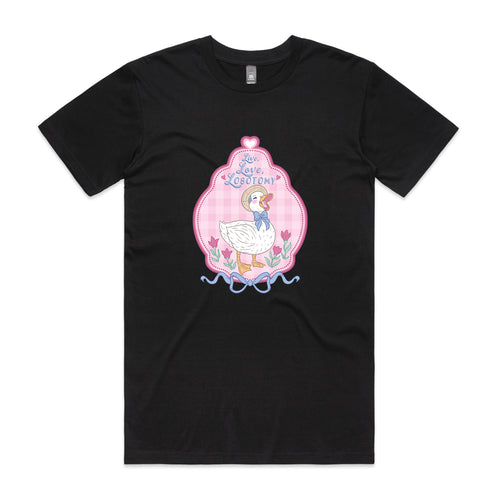 Lobotomy Duck Tee by Lonely Kids Club. All clothing from our T-shirts to our shorts and hoodies are ethically made, and printed packed and shipped from Sydney.