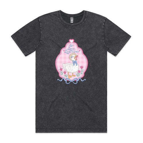 Lobotomy Duck Tee by Lonely Kids Club. All clothing from our T-shirts to our shorts and hoodies are ethically made, and printed packed and shipped from Sydney.