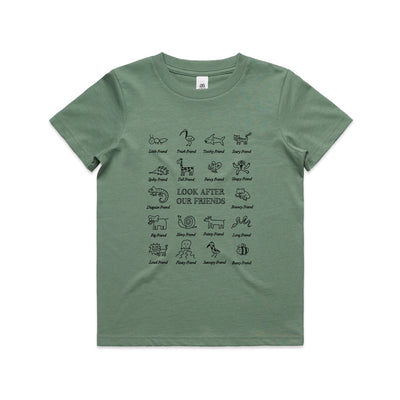 Look After Our Friends Kids Tee by Lonely Kids Club. All clothing from our T-shirts to our shorts and hoodies are ethically made, and printed packed and shipped from Sydney.