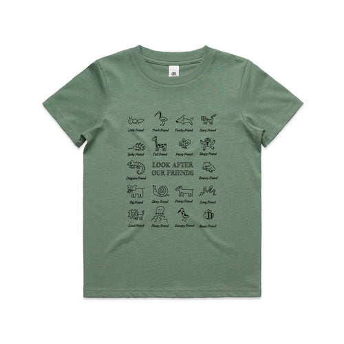 Look After Our Friends Kids Tee by Lonely Kids Club. All clothing from our T-shirts to our shorts and hoodies are ethically made, and printed packed and shipped from Sydney.