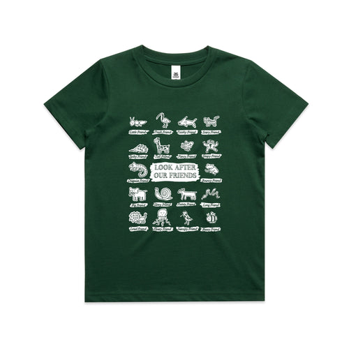 Look After Our Friends Kids Tee by Lonely Kids Club. All clothing from our T-shirts to our shorts and hoodies are ethically made, and printed packed and shipped from Sydney.