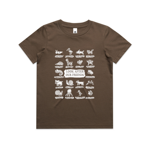 Look After Our Friends Kids Tee by Lonely Kids Club. All clothing from our T-shirts to our shorts and hoodies are ethically made, and printed packed and shipped from Sydney.